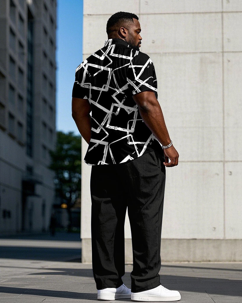 Men's Plus Size Business Casual Black Crack Short Sleeve Shirt Trousers Suit