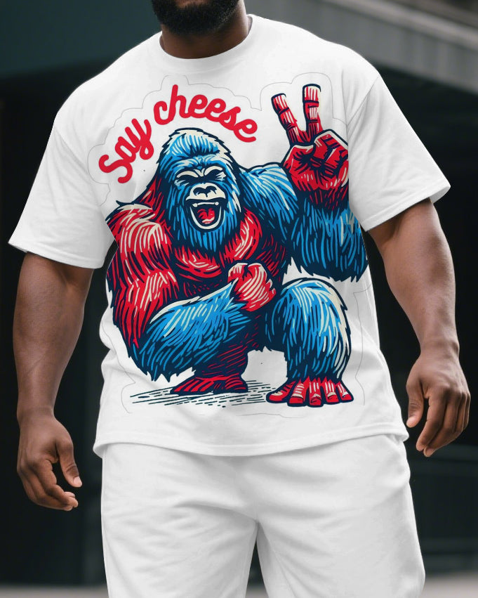 Men's Cartoon Happy Gorillas Say Cheese Print Big & Tall Short-Sleeve T-shirt & Short Set