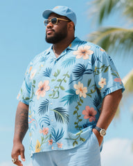 Big & Tall Men's Holiday Style Summer Color Matching Light Luxury Irregular Floral Printed Short Sleeve Shirt Pants Cotton Linen Suit