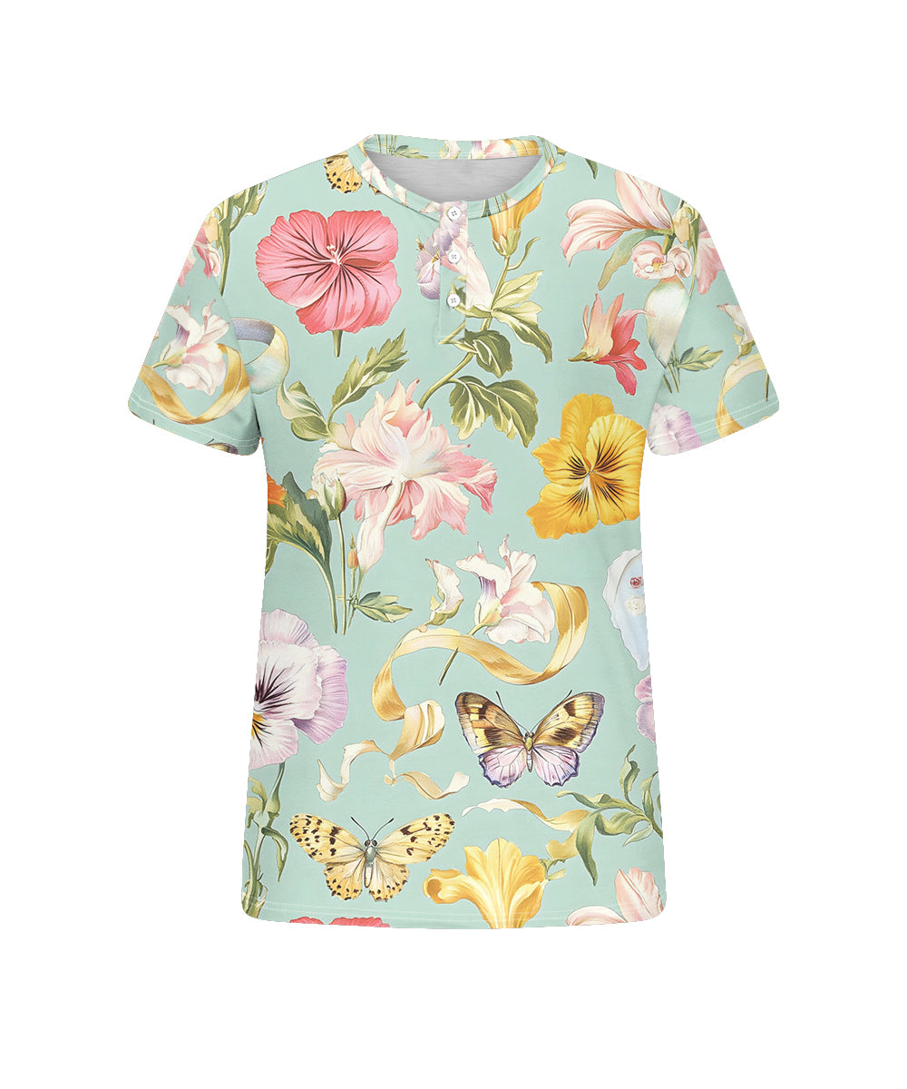 Men's Plus Size Hawaiian Green Butterfly Floral Print Henry Collar Button Short Sleeve Tee