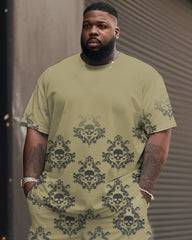 High-grade Color Sense Retro Skull Flower Pattern Printed T-shirt Shorts Suit Men's Plus Size