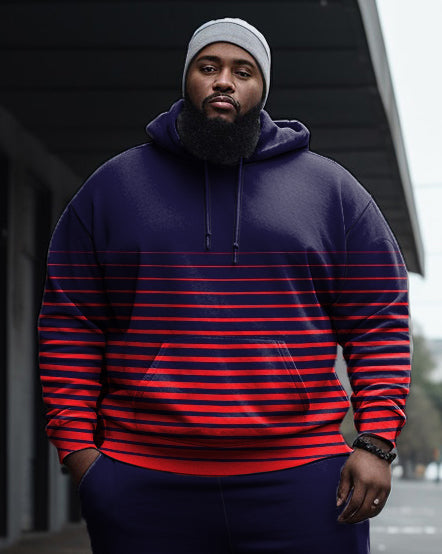 Men's Large Size Horizontal Line Color Block Casual Hoodie And Sweatpants Two-Piece Set
