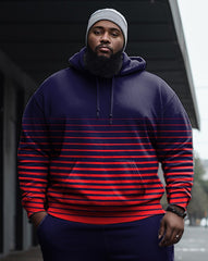 Men's Large Size Horizontal Line Color Block Casual Hoodie And Sweatpants Two-Piece Set