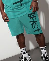 Men's Plus Size Street Hip Hop Green Beast Alphabet Print Short Sleeve T-Shirt Shorts Suit