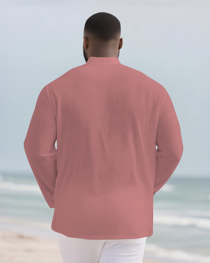 Big & Tall Men's Everyday Solid Color Bamboo Hemp Texture Henry Collar Long Sleeve Shirt