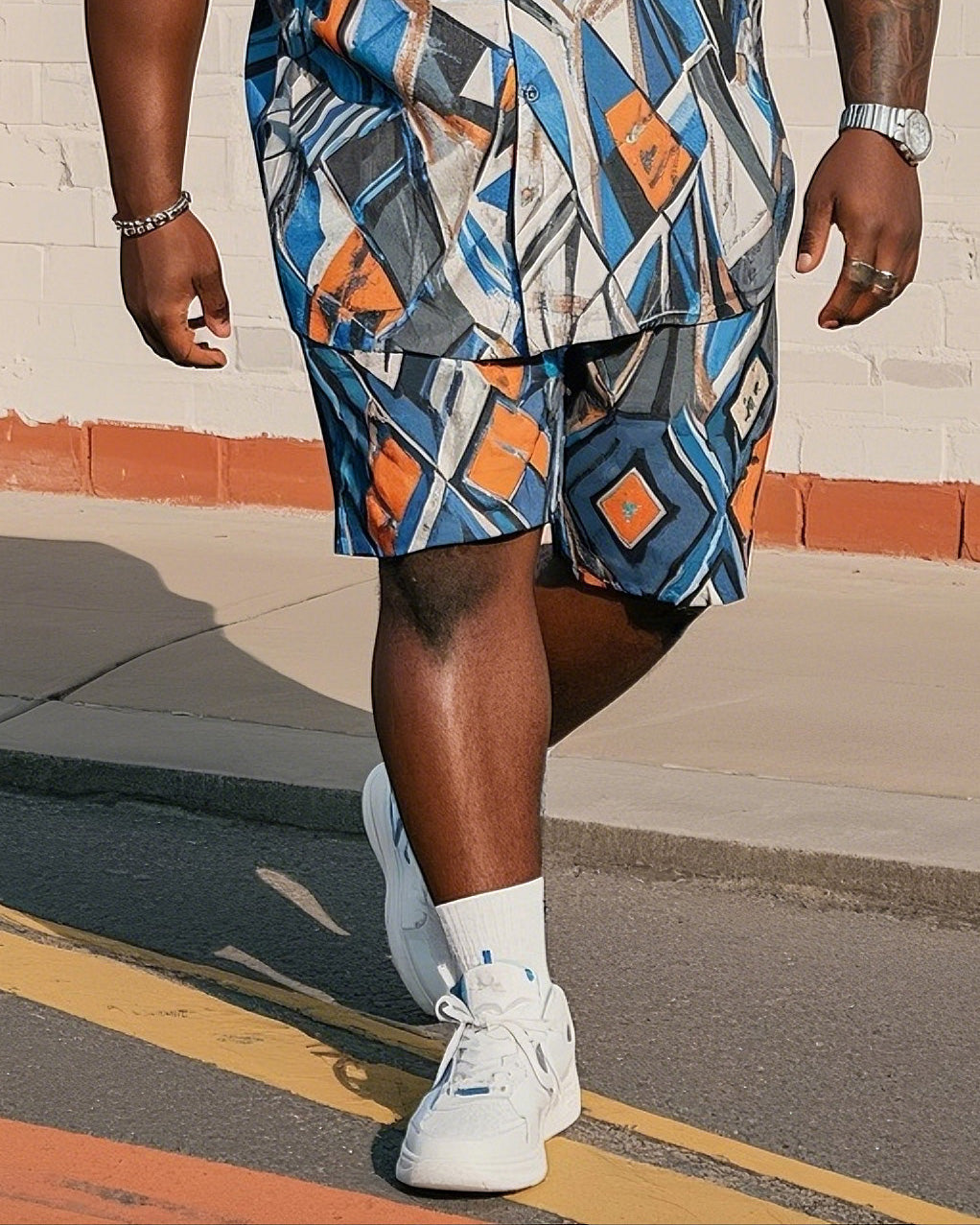 Men's Plus Size Irregular Abstract Geometry Print Short Sleeve Shirt Shorts Suit