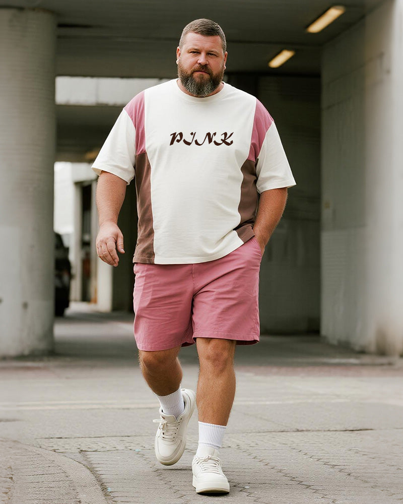 Big & Tall Men's Pink Geometric Pink Alphabet Print Round Neck Short Sleeve T-Shirt Shorts Suit