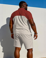Men's large size Casual Vintage Red & Creamy-white Features Stitching Short-sleeved polo shorts set