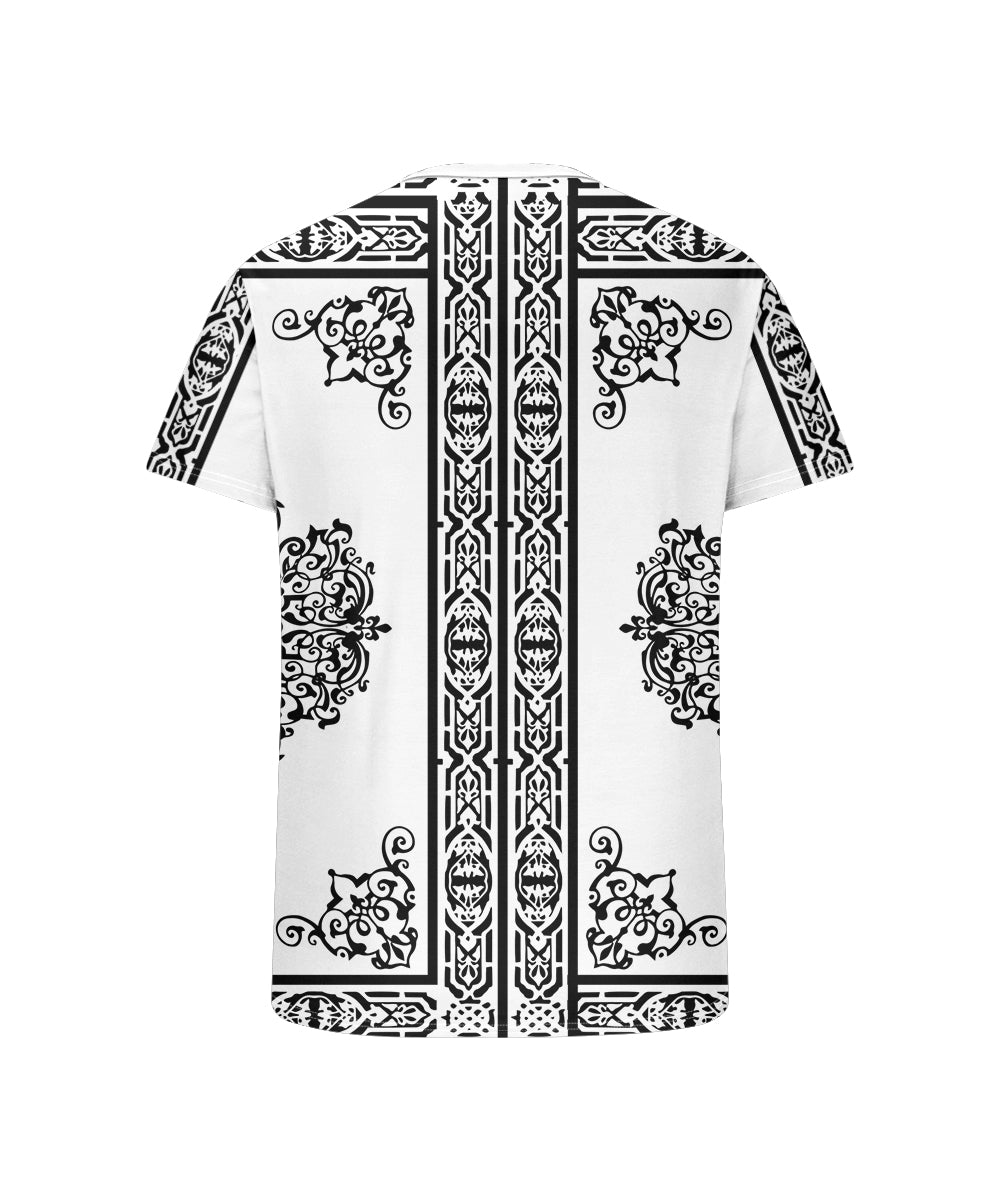 Men's Plus Size White Vintage Pattern Printed Henry Collar Button Short Sleeve T-shirt