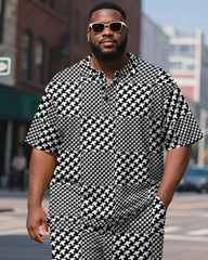 Men's Plus Size Business Houndstooth Checkerboard Printed Short Sleeve Polo Shirt Shorts Suit