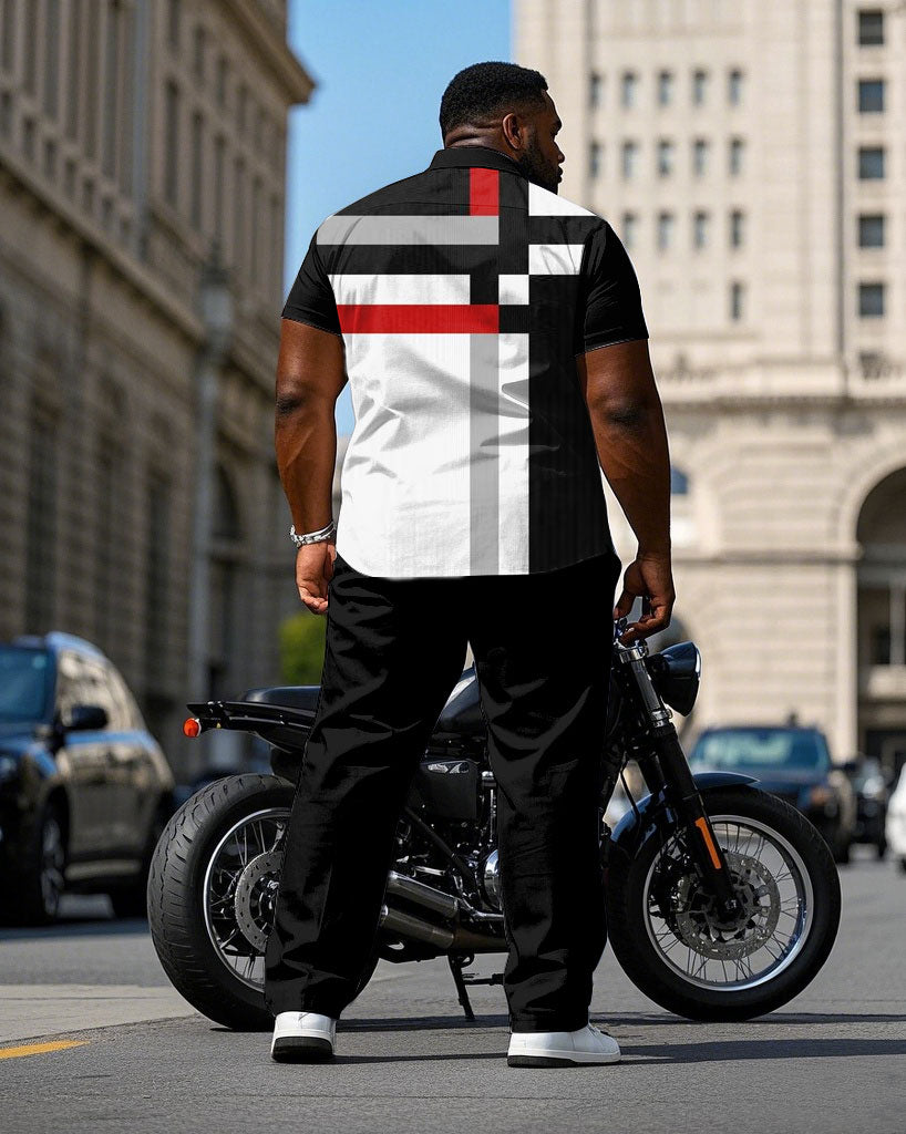 Men's Plus Size Business Tone Geometric Stitching Short Sleeve Shirt Trousers Suit