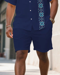 Men's Plus Size Royal Blue Patchwork Bohemian Pattern Short Sleeve Shirt Shorts Suit