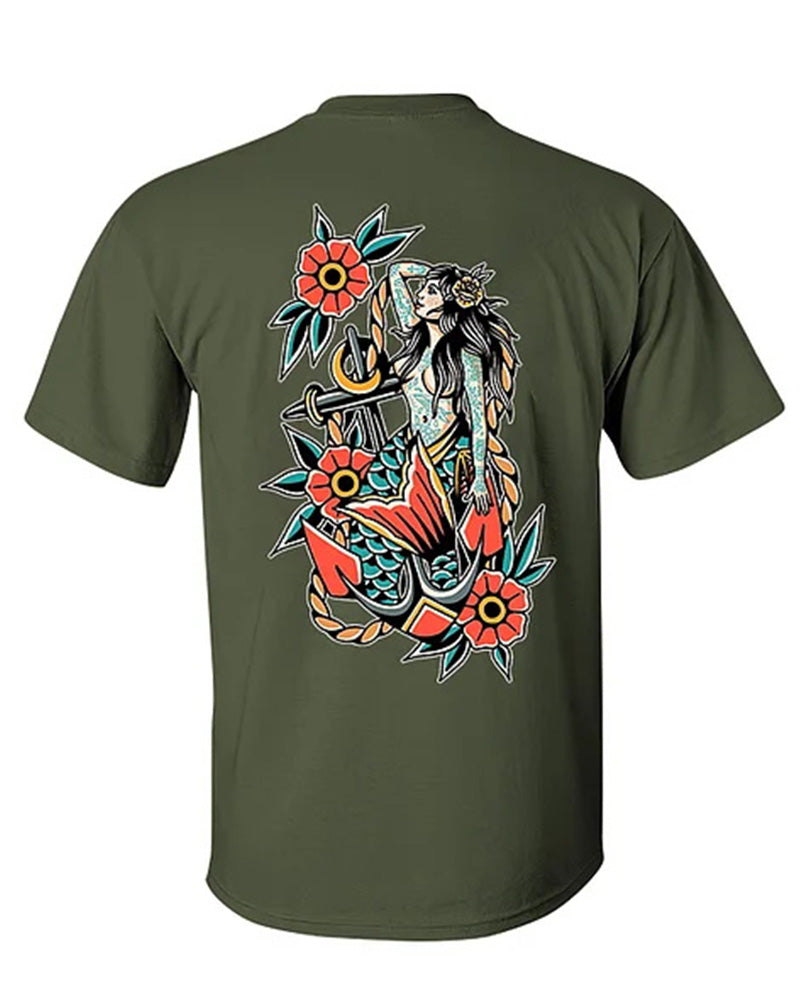 Men's Plus Size Street Fashion Anchor And Mermaid Print Round Neck Short Sleeve T-Shirt