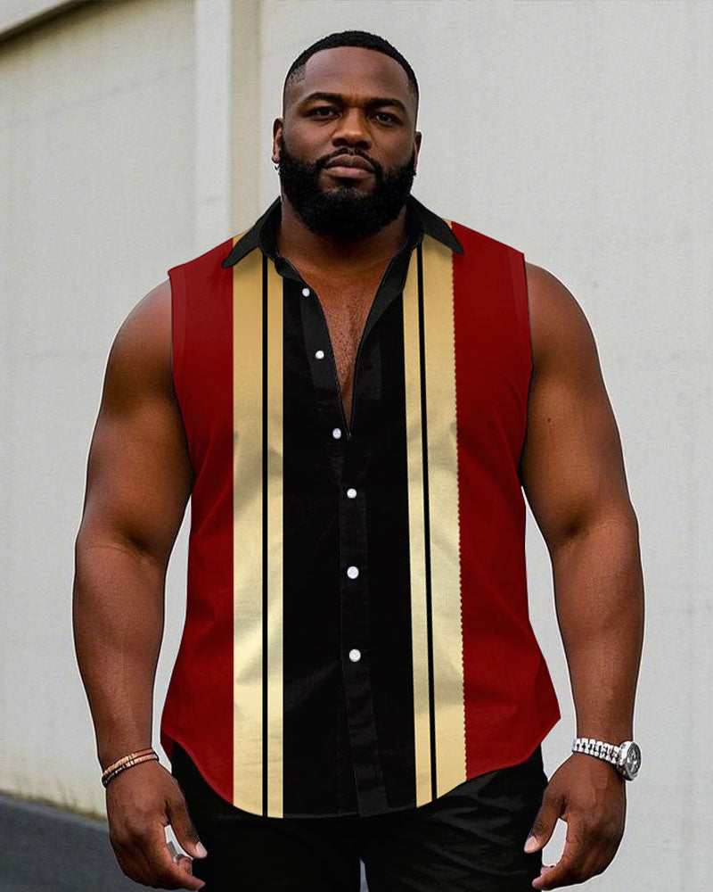 Men's Plus Size Black & Red Colorblock Sleeveless Vest Shirt Shorts Suit