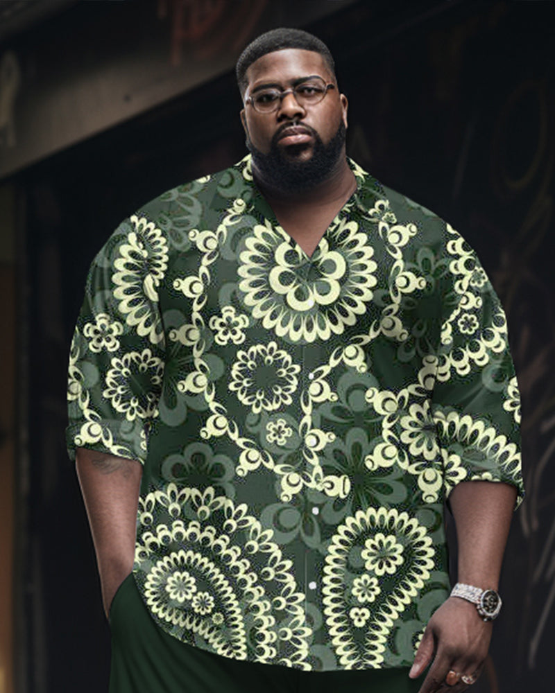 Men's Plus Size Retro Cashew Flower Texture Printed Long Sleeve Lapel Shirt 2 Piece Set