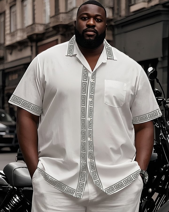 Big Man's Retro Daily Casual Edge Color Block Printing Short Sleeve Shirt Shorts Suit