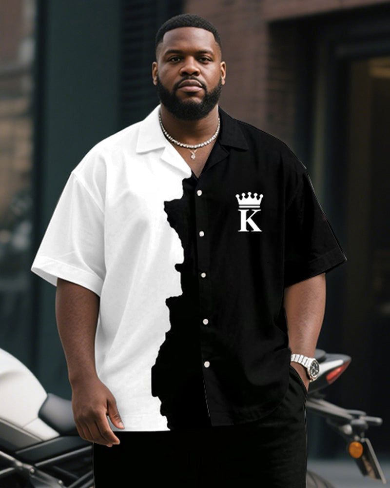 Men's Plus Size Business Black And White Color Block K Letter Printed Short Sleeve Shirt Trousers Suit