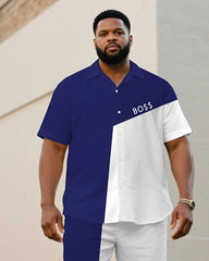 Men's Plus Size Blue & White Irregular Stitching Chest Small Label Printed Short Sleeve Shirt Shorts Suit