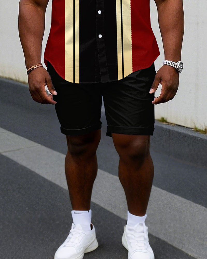 Men's Plus Size Black & Red Colorblock Sleeveless Vest Shirt Shorts Suit