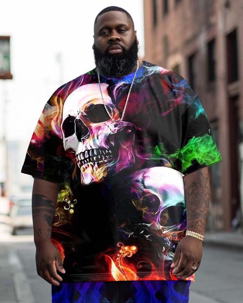 Men's Plus Size Street Fashion Flame Skull Print T-Shirt Trousers Suit