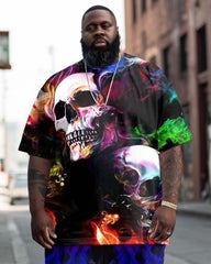 Men's Plus Size Street Fashion Flame Skull Print T-Shirt Trousers Suit