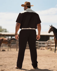 Western Denim-Men's Plus Size Dark Brown Mascot Symmetrical Printed Short Sleeve Shirt Trousers Suit