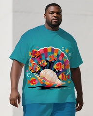 Big Guy's Animal Theme Cartoon Shell Printed Casual Short Sleeve T-shirt Pants Set