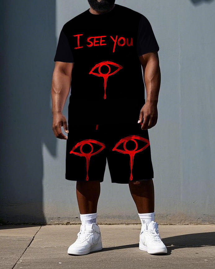 Men's Big & Tall Punk Style I SEE YOU Simple Eye Print Casual Short-Sleeve T-shirt Big & Tall Set
