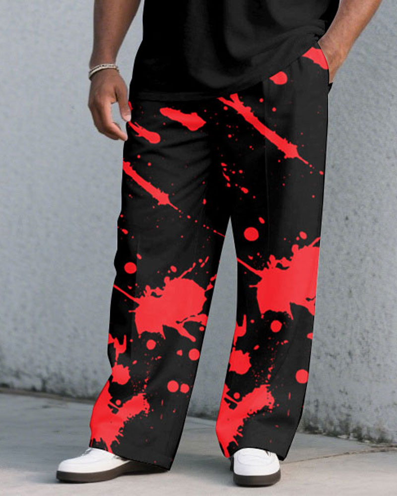 Men's Plus Size Black & Red Ink-throwing Short-sleeved T-shirt Pants Suit
