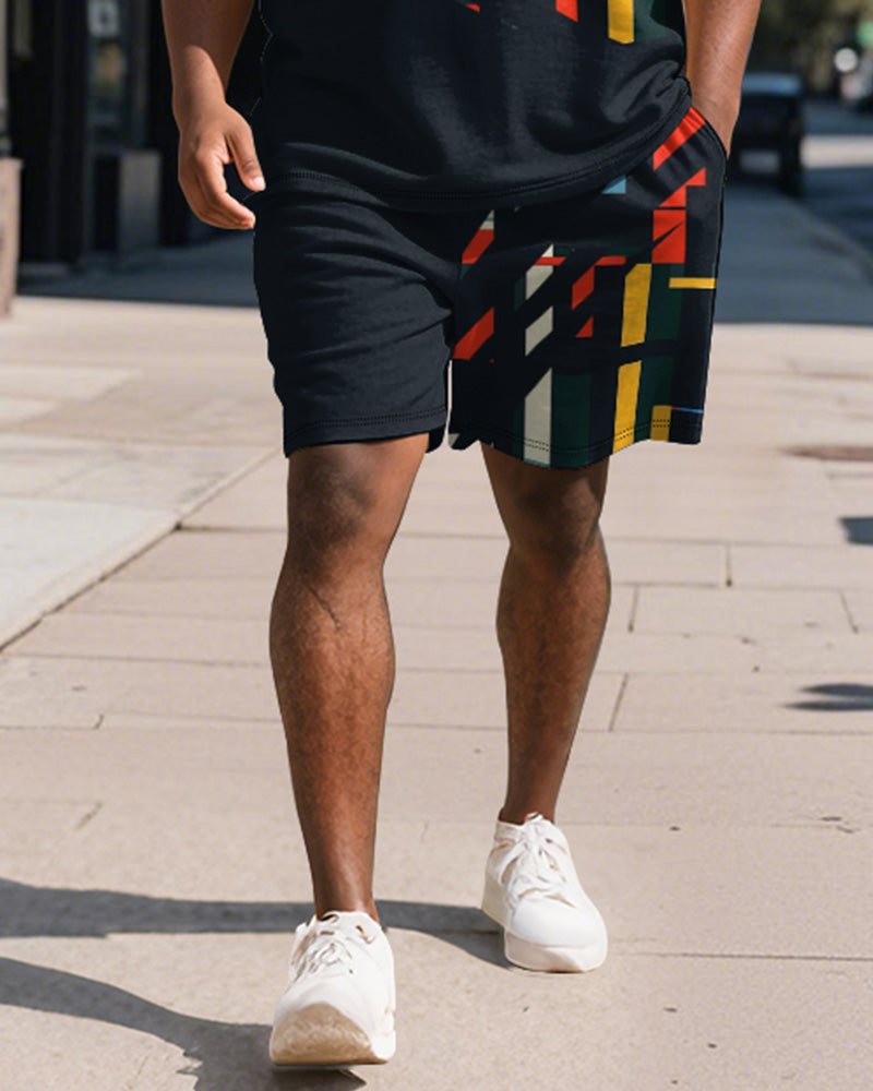 Big & Tall Men's Business Black Geometric Color Print Short Sleeve Polo Shirt Shorts Suit