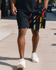 Big & Tall Men's Business Black Geometric Color Print Short Sleeve Polo Shirt Shorts Suit