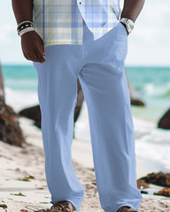Men's Big & Tall Classic Plaid Print Blue Short Sleeve Shirt Trousers Set