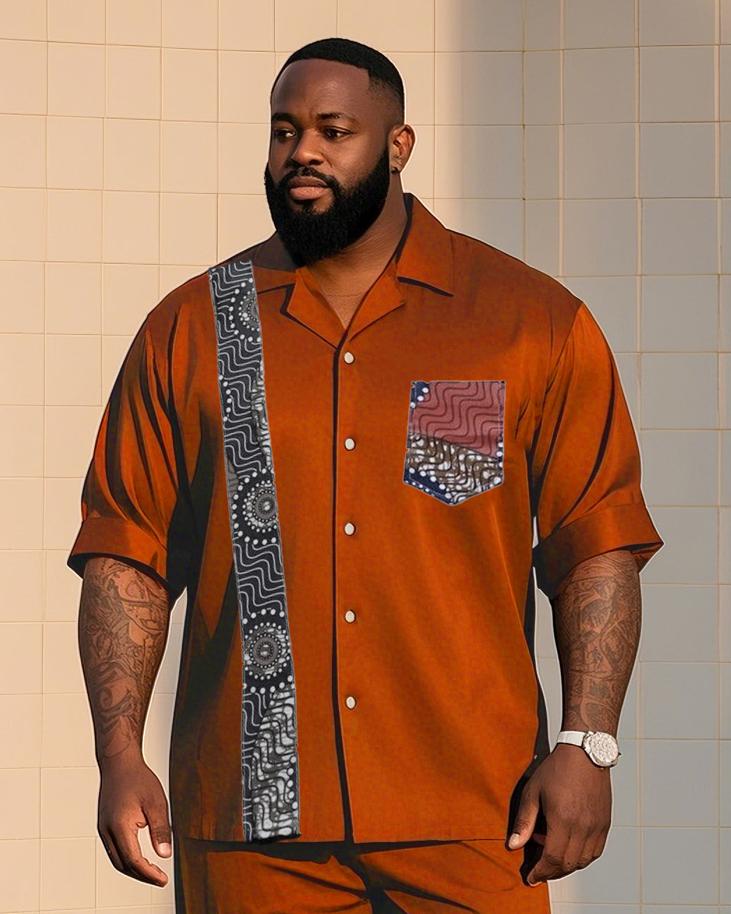 Big Boy Must-Have Fashion African Impression Totem Print Short Sleeve Shirt Trousers Suit