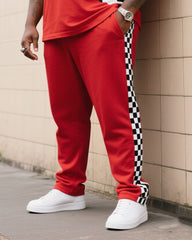 Big Boy Daily Casual Fox Red Chessboard Black And White Plaid Irregular Round Neck Short Sleeve T-Shirt Trousers Suit