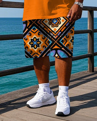 Men's Big & Tall Vintage Style Geometric Pattern Printed Casual Short Sleeve Polo Shirt Shorts Set