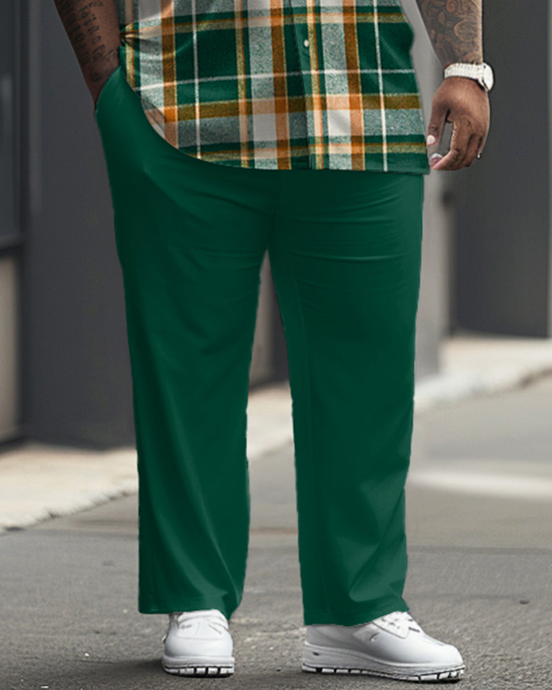 Classic Green Plaid Short Sleeve Shirt Trousers Set Men's Big & Tall
