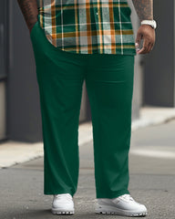 Classic Green Plaid Short Sleeve Shirt Trousers Set Men's Big & Tall