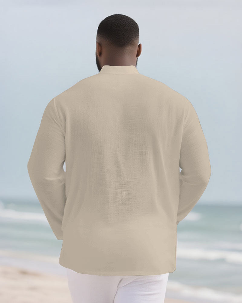 Big & Tall Men's Khaki Colorblock Geometric Print Bamboo Hemp Texture Henry Collar Long Sleeve Shirt