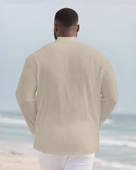 Big & Tall Men's Khaki Colorblock Geometric Print Bamboo Hemp Texture Henry Collar Long Sleeve Shirt