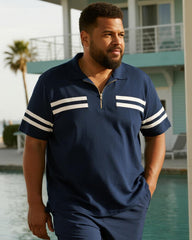 Big & Tall Men's Business Dark Blue Striped Print Short Sleeve Zip Polo Shirt Shorts Suit