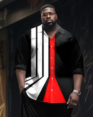 Simple Color-block Perspective Printed Long-sleeve Lel Shirt 2-piece Set Men's Plus Size