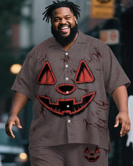 Big & Tall Men's Halloween Blood Mottled Pumpkin Expression Print Short Sleeve Shirt Trousers Suit