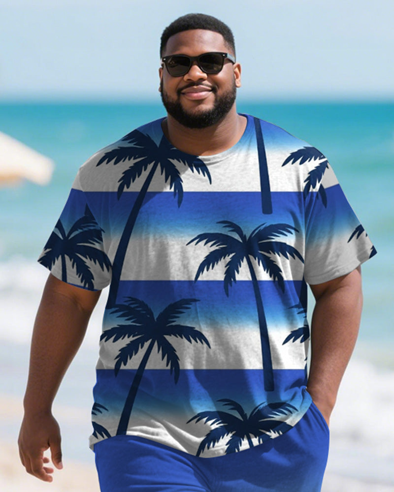 Men's Plus Size Blue Coconut Tree Gradient Stripe Print Round Neck Short Sleeve T-Shirt Shorts Suit