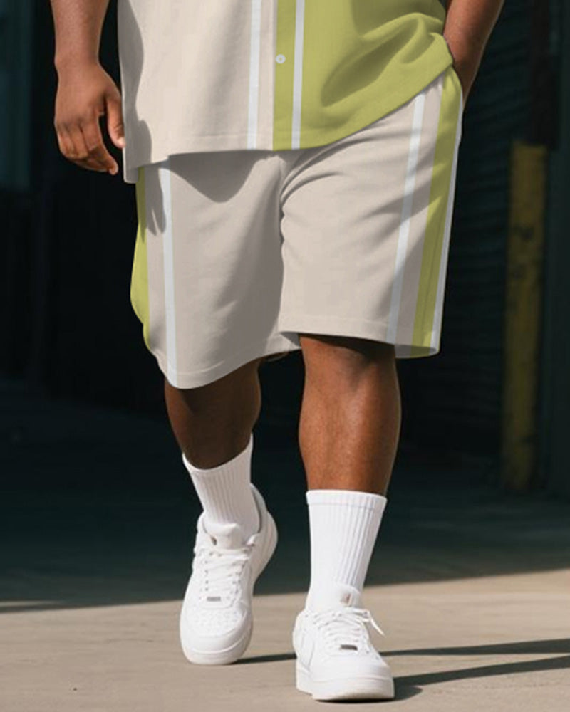 Men's Plus Size Casual Business Apricot Spelling Green Striped Printed Shirt Shorts Suit