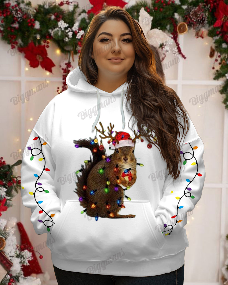 Women's Plus Fashion Christmas Squirrel Lights Print Long-sleeved Hoodie