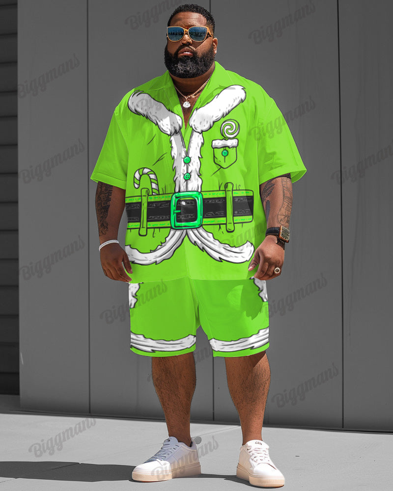 Men's Big & Tall Christmas Green Santa Cosplay Printed Short Sleeve Shirt Shorts Set