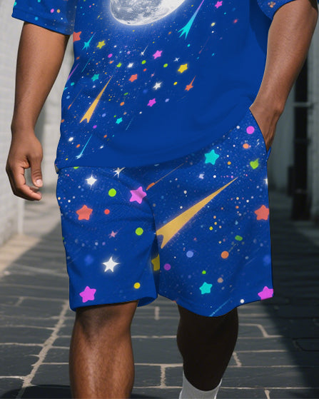 Big Men's Casual Colorful Stars Space Technological Theme Short-Sleeve Polo Shirt Shorts Set