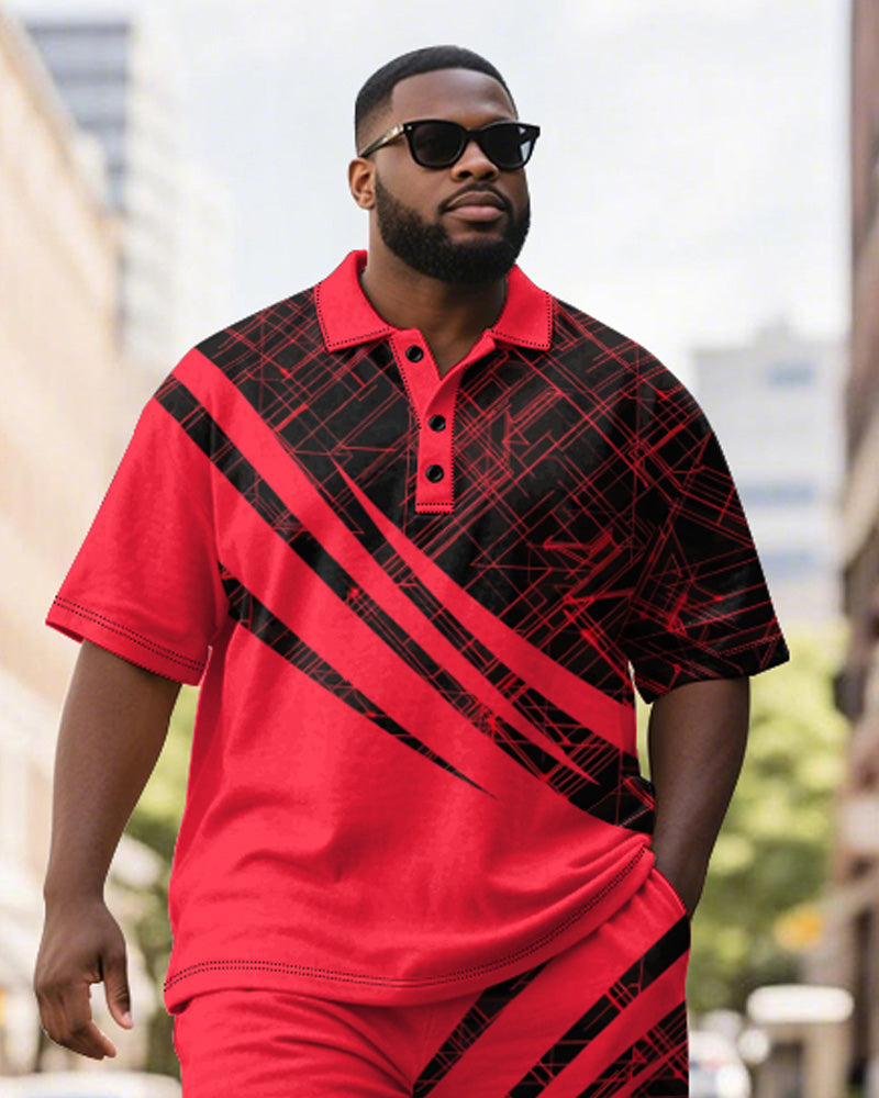 Big & Tall Men's Business Black And Red Color Block Geometric Print Short Sleeve Polo Shirt Shorts Suit