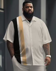 Men's Plus Size Business Simple Color Matching Striped Printed Short Sleeve Shirt Suit