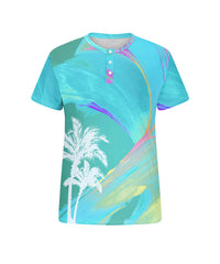 Men's Plus Size Daily Casual Blue Gradient Coconut Tree Print Henry Collar Button Short Sleeve T-Shirt